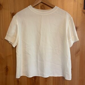 Vince Boxy Crepe Short-Sleeve Blouse with Rib Trim